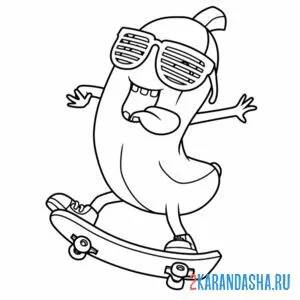 Раскраска банан на скейтборде