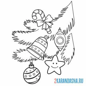 Раскраска новогодние игрушки на елке с колокольчиком