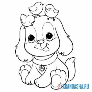 Раскраска щенок с цыплятами
