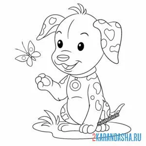 Раскраска добрый щенок собака с бабочкой