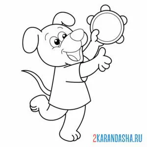 Раскраска собака играет с бубном