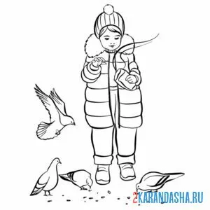 Раскраска девочка кормит голубей