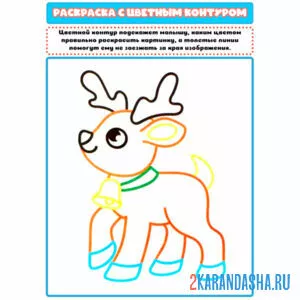 Раскраска с цветным контуром новогодний олень