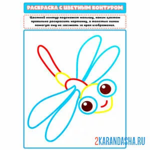 Раскраска с цветным контуром стрекоза