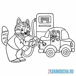 Раскраска котик заправляет машину