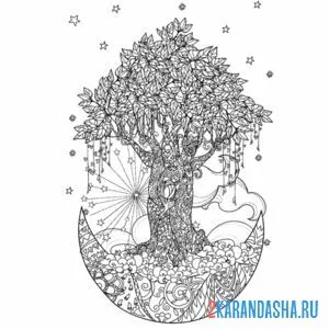 Раскраска ночное дерево антистресс