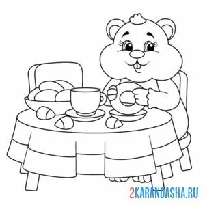 Раскраска хомяк за столом