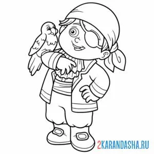 Раскраска мальчик пират с попугаем