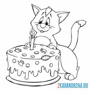 Раскраска котик ест торт