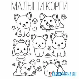 Раскраска корги малыши наклейки