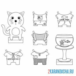 Раскраска бумажный котенок с одеждой для вырезания