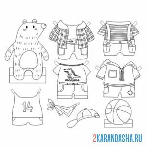 Раскраска бумажная кукла мальчика мишки с одеждой для вырезания