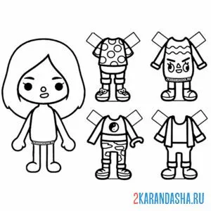 Раскраска тока бока бумажная кукла с одеждой для вырезания