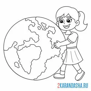Раскраска девочка с землей