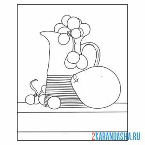 Раскраска натюрморт чайник и фрукты
