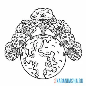 Раскраска планета с деревьями