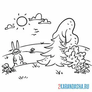 Раскраска пейзаж с зайцем
