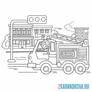 Раскраска пожарный едет на машине