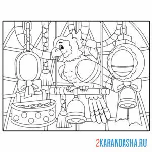 Раскраска попугай с игрушками в клетке