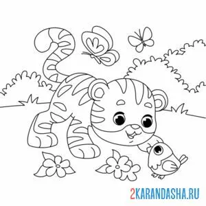 Раскраска тигренок играет с бабочками