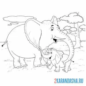 Раскраска африканские слоны семья
