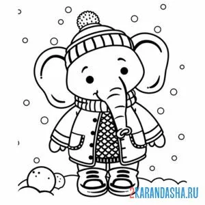 Раскраска слон в зимней одежде