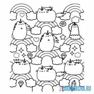 Раскраска кот пушин-единорог