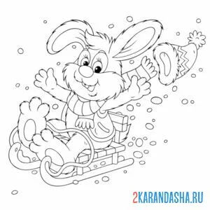 Раскраска заяц на санках