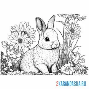 Раскраска зайчик сидит в цветах