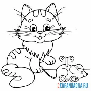 Раскраска кот и заводная мышка