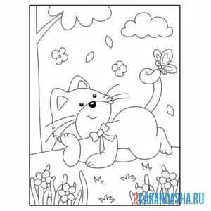 Раскраска кот под деревом