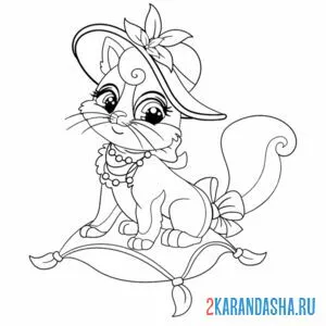 Раскраска кошечка в шляпе модница