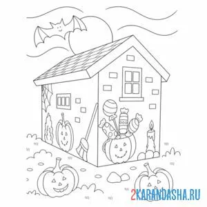 Раскраска хэллоуин дом и тыквы