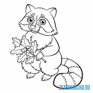 Раскраска енот с дубовыми листьями