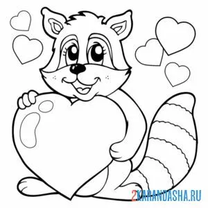 Раскраска енот и сердечко