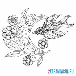 Раскраска луна и птичка антистресс