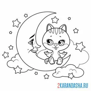Раскраска котик на луне