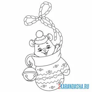 Раскраска новогодняя мышка в варежке