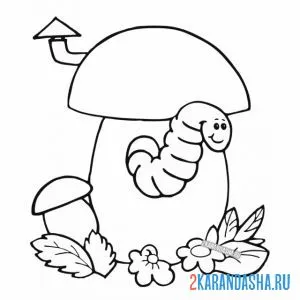 Раскраска гусеница живет в грибе