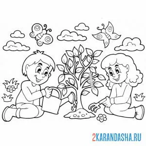 Раскраска дети сажают деревья