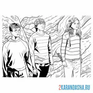 Раскраска гарри поттер, гермиона и рон вместе