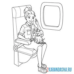 Раскраска красивая кукла барби в самолете