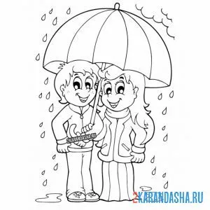 Раскраска осень, дети под дождем