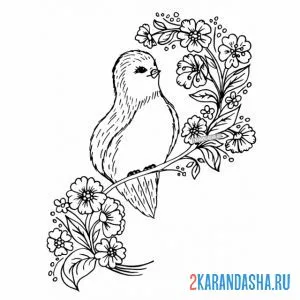 Раскраска птичка в весенней листве