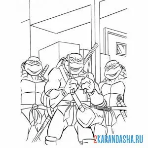 Раскраска три черепашки-ниндзя