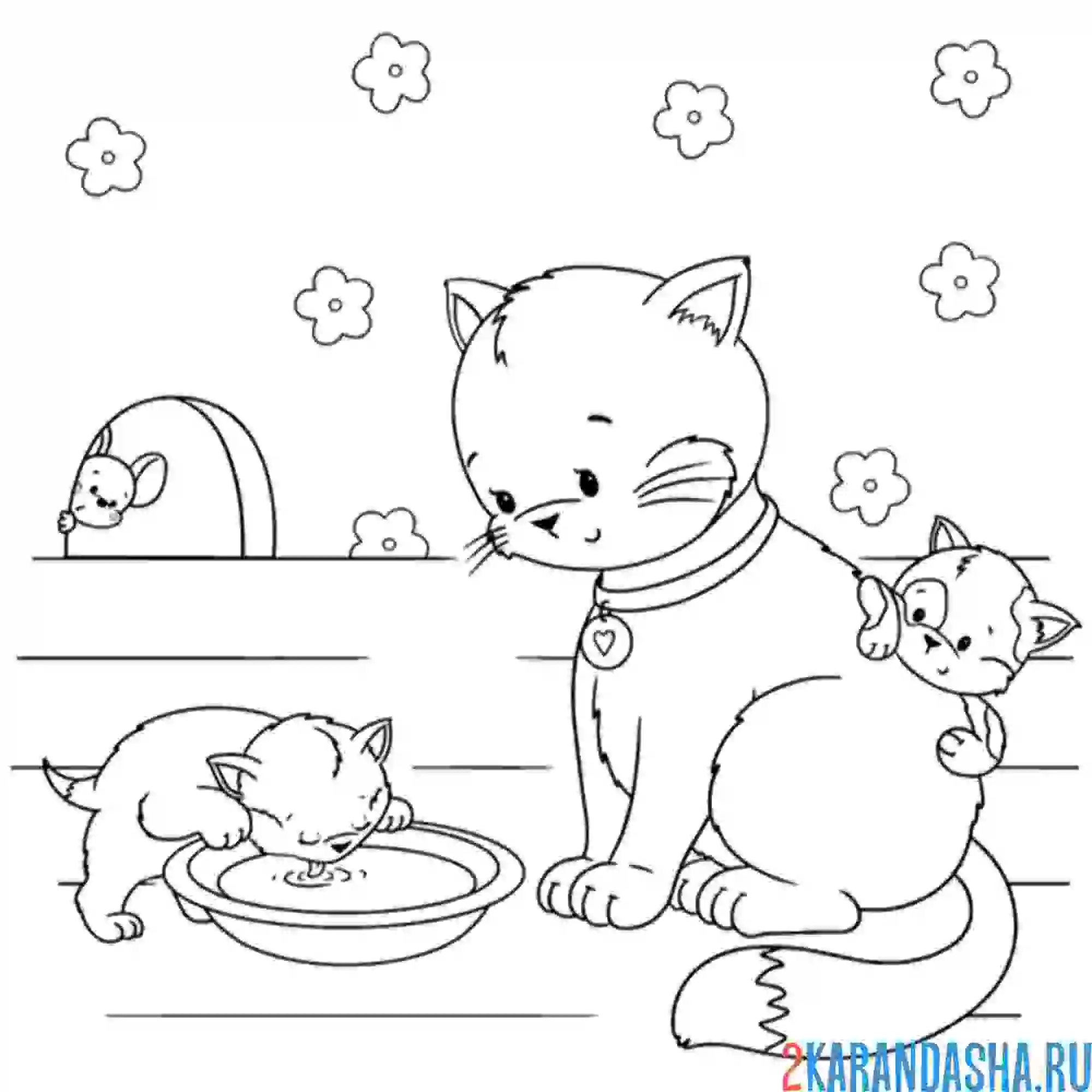 Раскраска мама кошка и котенок